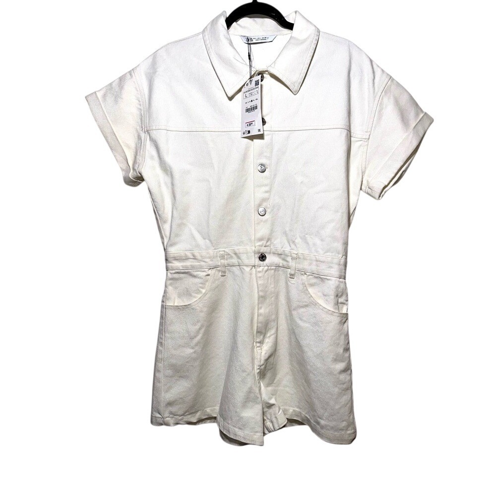 ZARA White Glitter Denim Romper Sparkle Collared - large (tag fell off)